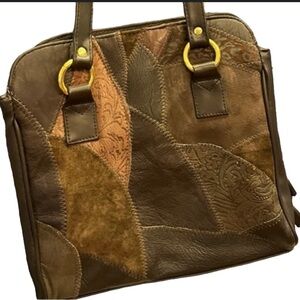 Vintage Patchwork 70s Boho Shoulder Bag Faux Leather Goldtone